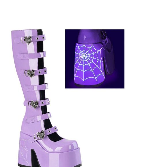 Dolls Kill Platform Knee High Boots 💜 Glow in the Dark Spiderwebs 💜 Size 9 - Picture 5 of 6
